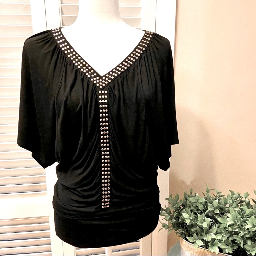 Kenar Studded Black Tunic Blouse v-neck S